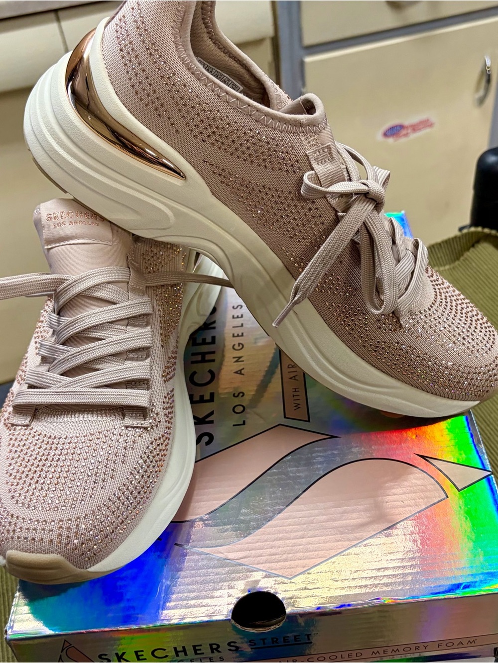 Skechers Taupe Knit Slip-On Athletic Sneakers with Sparkle - Picture 2 of 7